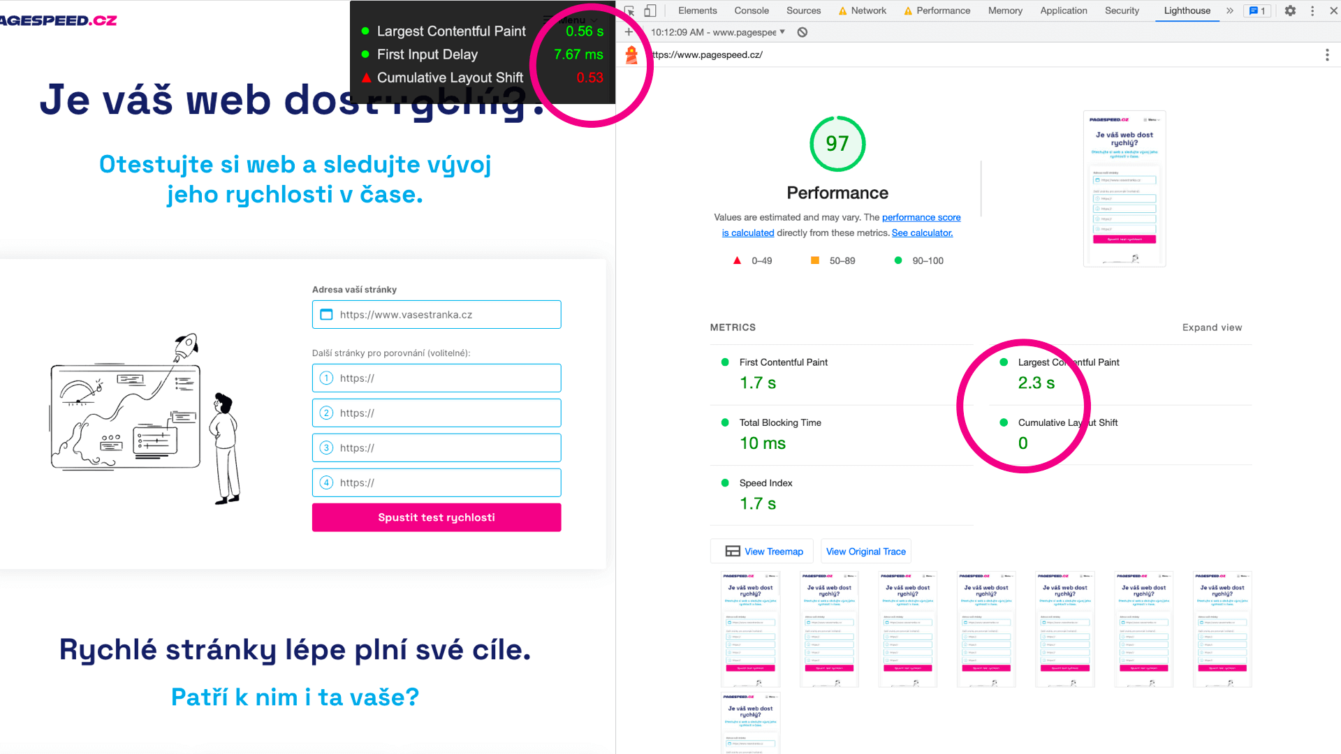 Web Vitals overlay. User numbers look different than those from Lighthouse.